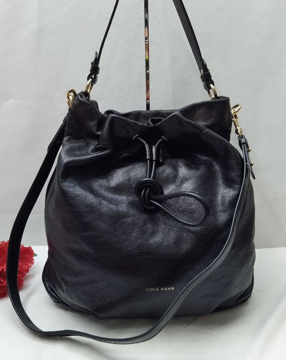 Cole Haan Black Leather Drawstring Bucket Satchel Shoulder Bag